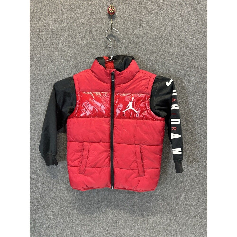 Jordan Puffer Vest Jacket Full Zip Sleeves Red Black Kids Size 4-5T